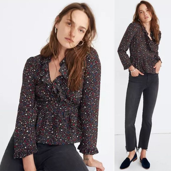 Madewell Silk Ruffle-Hem Wrap Top in Starry Night - Picture 1 of 8